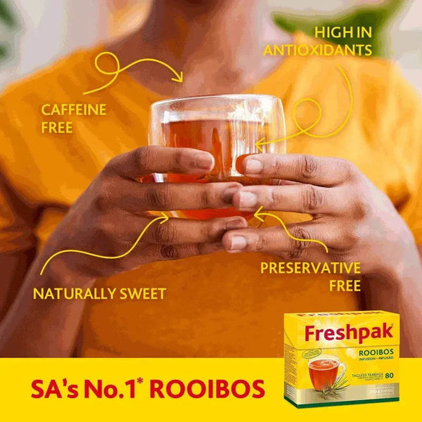 Freshpak Rooibos Tea box with a person holding a steaming cup, highlighting caffeine free, antioxidant rich, preservative free, and naturally sweet features