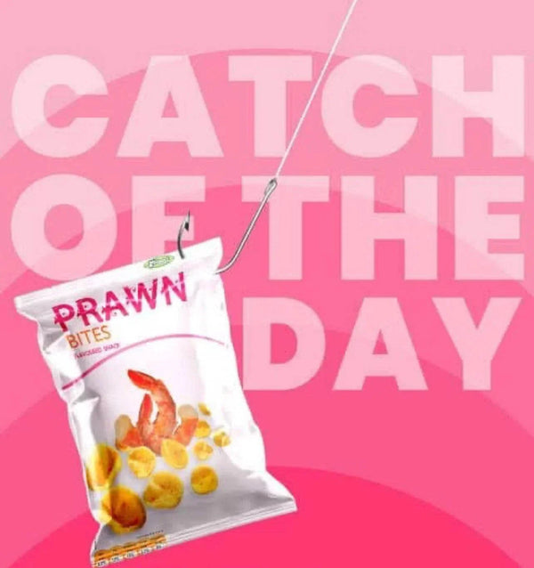 Frimax Prawn Bites 125g packaging with a vibrant shrimp-themed design against a pink "Catch of the Day" background.