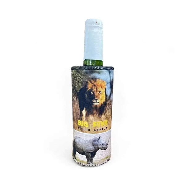 Frosty Beer Cooler with Big 5 Wildlife print, fits standard beer bottles, neoprene material, South African design, durable and insulating.
