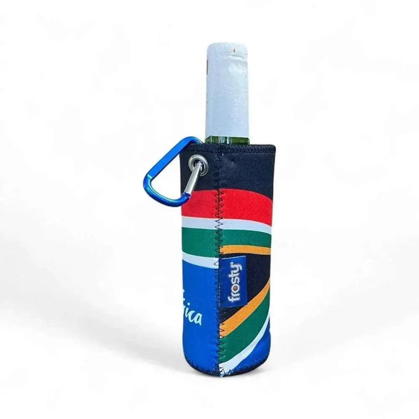 Frosty Beer Cooler with South African flag print and carabiner clip.