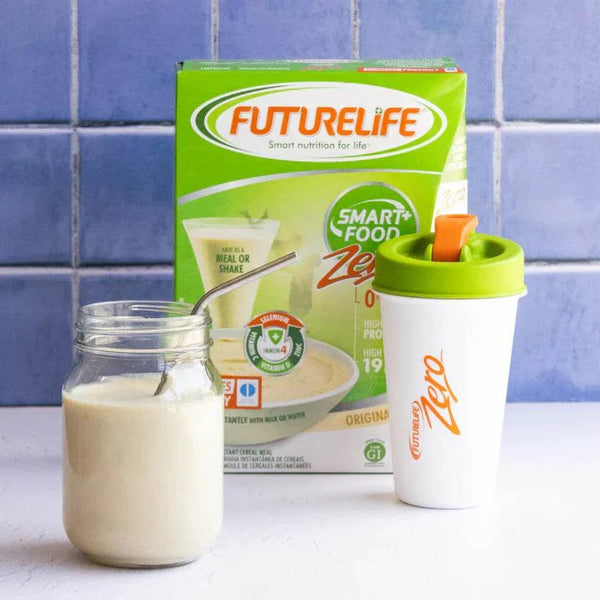 Future Life Zero (Original) 500g pack with shake and glass jar on a kitchen counter.