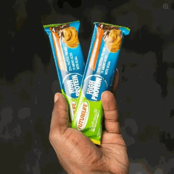 Futurelife High Protein Peanut Butter Crunch individually wrapped bars held after exercise