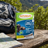 Futurelife High Protein Chocolate Crunch 4 × 50g bars with an adult hiking backpack and trail map