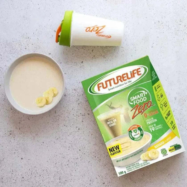 FutureLife Zero Banana 500g pack with a shake and bowl of banana smoothie on a countertop.