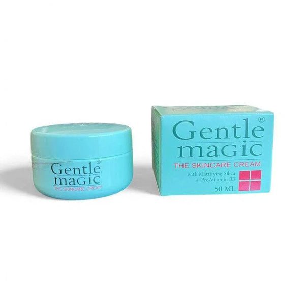 Gentle Magic Skincare Cream 50ml jar next to its box, promoting shine-free, healthier skin.