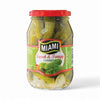 Miami Sweet & Tangy Cocktail Gherkins 380g jar with red lid, ideal for snacking or meal enhancements.