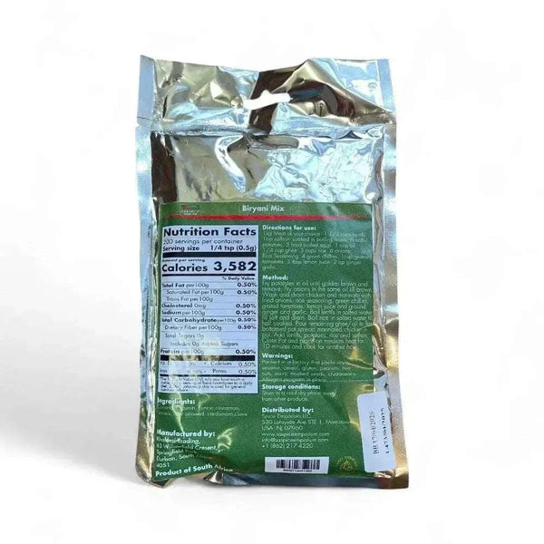 Back of Gorima's Spice Briyani Mix Powder 100g pack showing nutrition facts, ingredients, storage instructions, and directions for use.