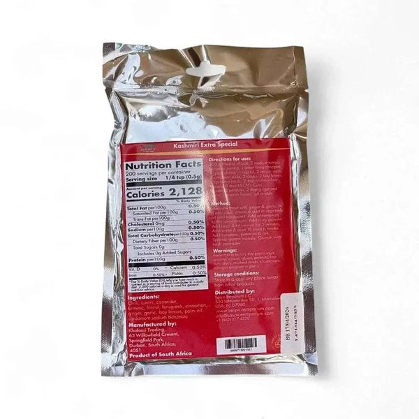Back of Gorima's Spice Kashmiri Extra Special 100g packaging showing nutrition facts and ingredients.
