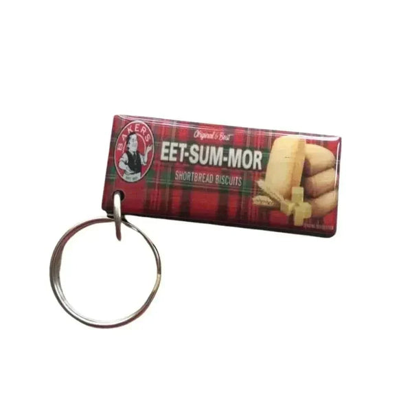 Colorful resin grocery keychains hanging on a display rack, perfect gift accessories for keys