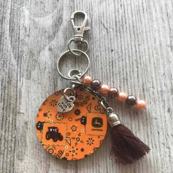 Orange John Deere handbag tag 40mm diameter handmade with love