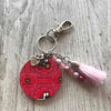 Handbag tag with pink John Deere tractor design, 40mm diameter, handmade with love