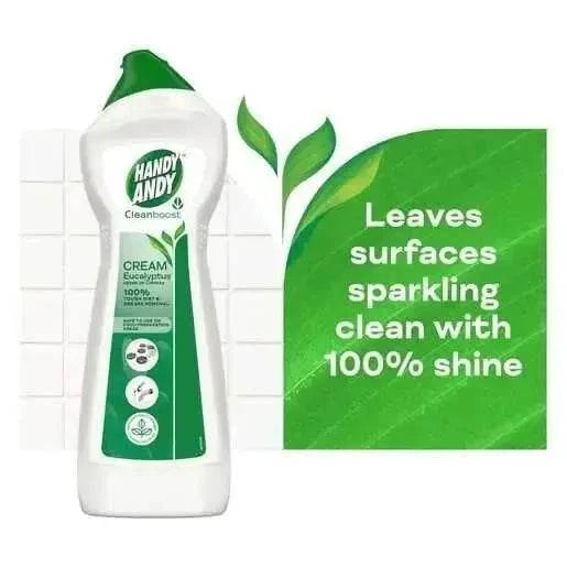 Handy Andy Cream Eucalyptus 750ml bottle with green cap, eco-friendly cleaner for tough dirt and grease removal, safe for food areas, 100% biodegradable fragrance.