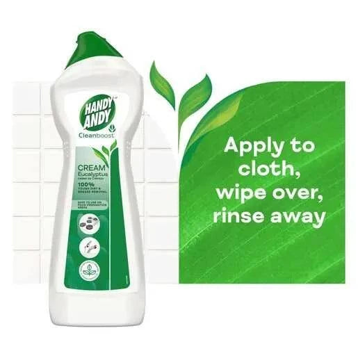 Handy Andy Cream Eucalyptus 750ml bottle with eco-friendly packaging and cleaning instructions on green background