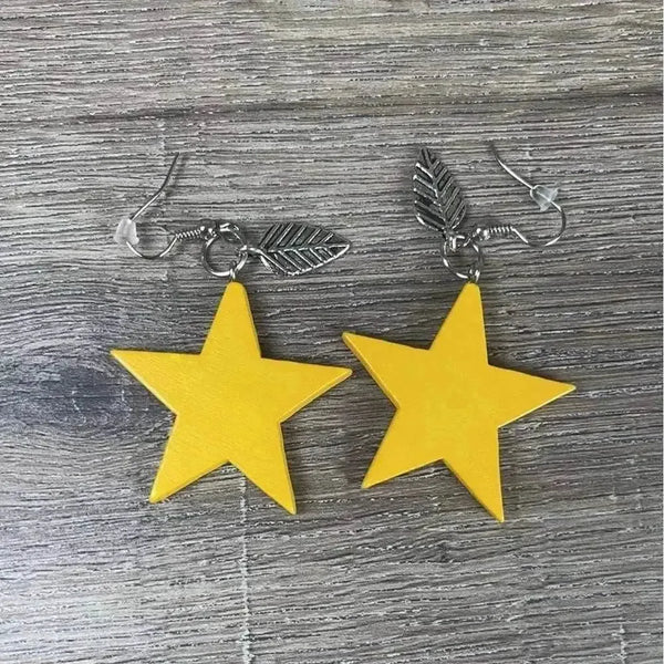 Hanging Earrings Mustard Wooden Stars 40mm sold in pairs
