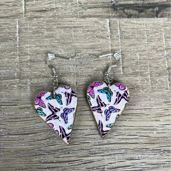 Hanging earrings purple heart with butterflies nickel free made in South Africa