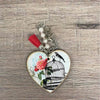 Heart key tags with bird in cage design and navy tassel