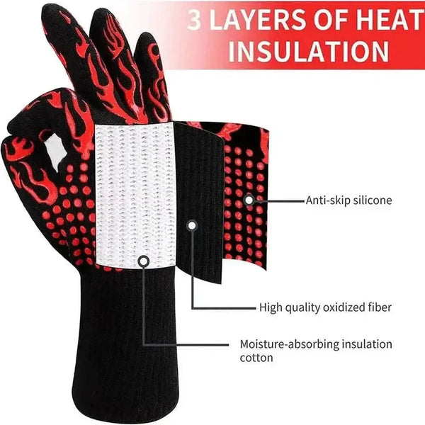 Heat resistant Braai gloves in red and black with non-slip grip for safe grilling and cooking