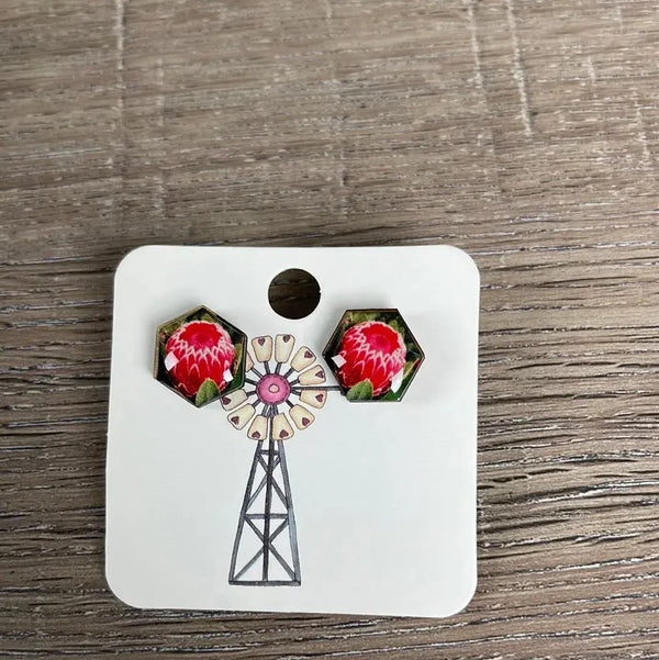 Stud Earrings - Hexagon Dark Pink Protea - Something From Home - South African Shop