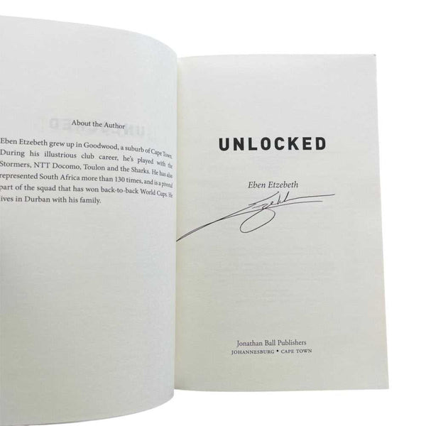 Signed biography of Eben Etzebeth titled Unlocked featuring South African rugby star
