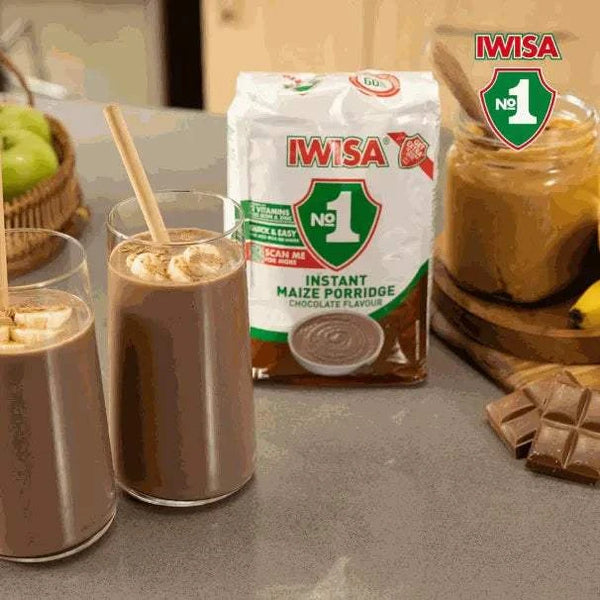 IWISA Instant Maize Porridge Chocolate flavour 1kg pack with glasses of chocolate porridge, South African shop.