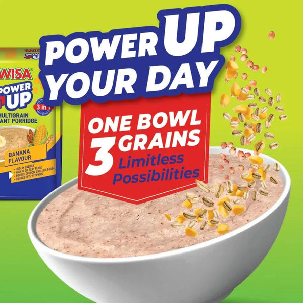 IWISA Multigrain Instant Porridge Strawberry flavor ad highlighting "One Bowl, 3 Grains" benefits with vibrant imagery.