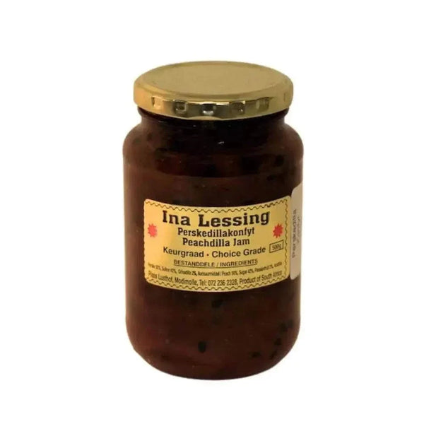 Ina Lessing Peachdilla Jam 500g jar with rich, smooth peach-flavored spread