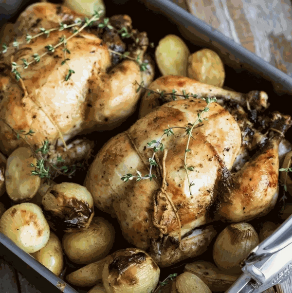 Ina Paarman Lemon & Herb Coat & Cook Sauce with roasted chicken and vegetables.