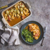 Ina Paarman Peri-Peri Coat & Cook Sauce with roasted potatoes and greens.