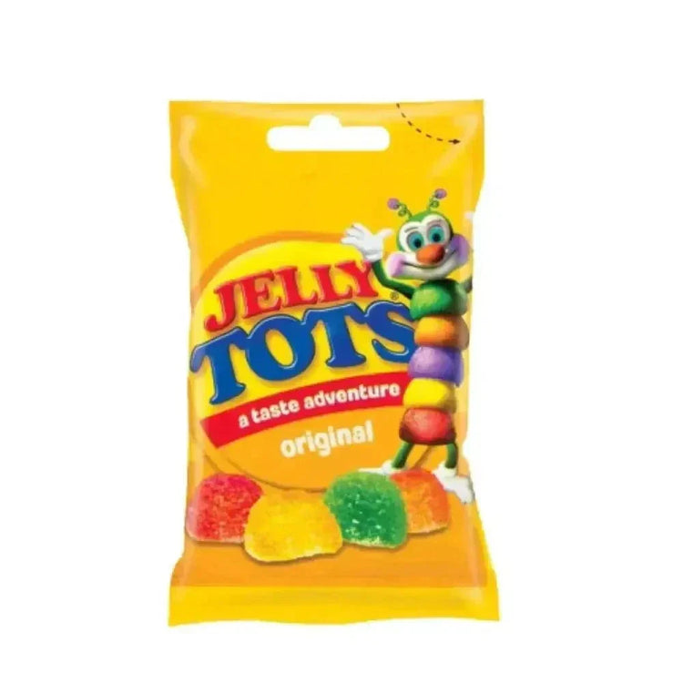 Beacon Jelly Tots Original 100g pack of colorful, sugar-coated, fruity-flavored chewy sweets with 25% fruit juice, gelatine-free and natural