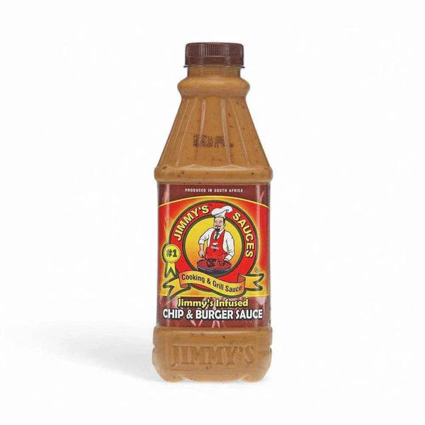 750ml bottle of Jimmy's Sauce Chip & Burger, creamy and tangy with South African flavors.