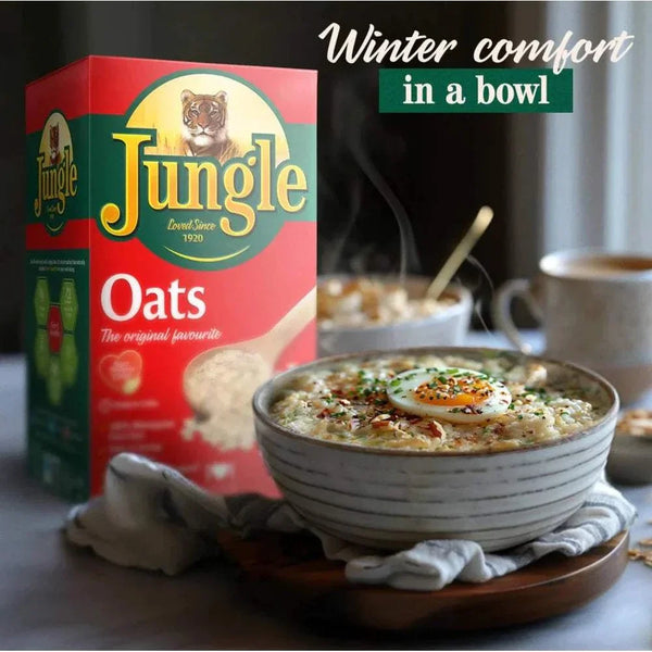 Jungle Oats 1kg box next to steaming bowl of oatmeal, highlighting winter comfort and nourishment.