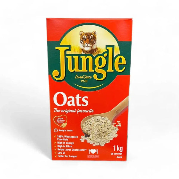 Jungle Oats 1kg box, wholegrain breakfast staple, promotes heart health and digestion.