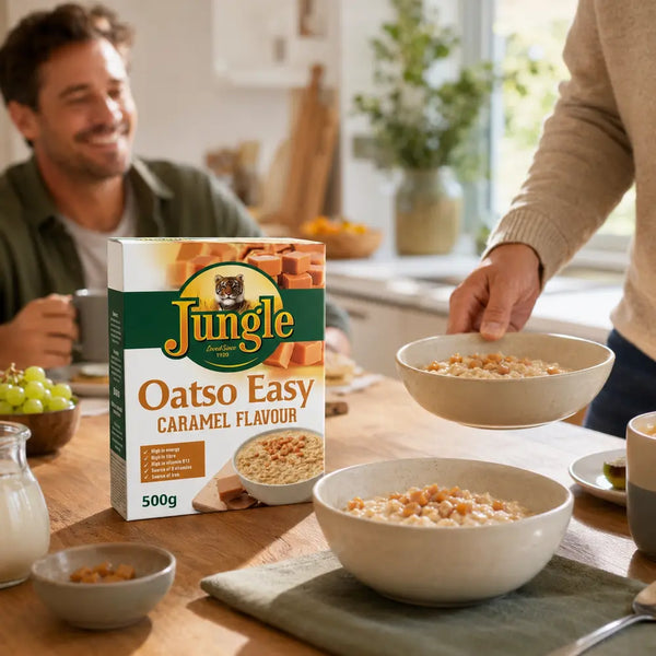 Jungle Oatso Easy Caramel 500g served at a warm family breakfast table