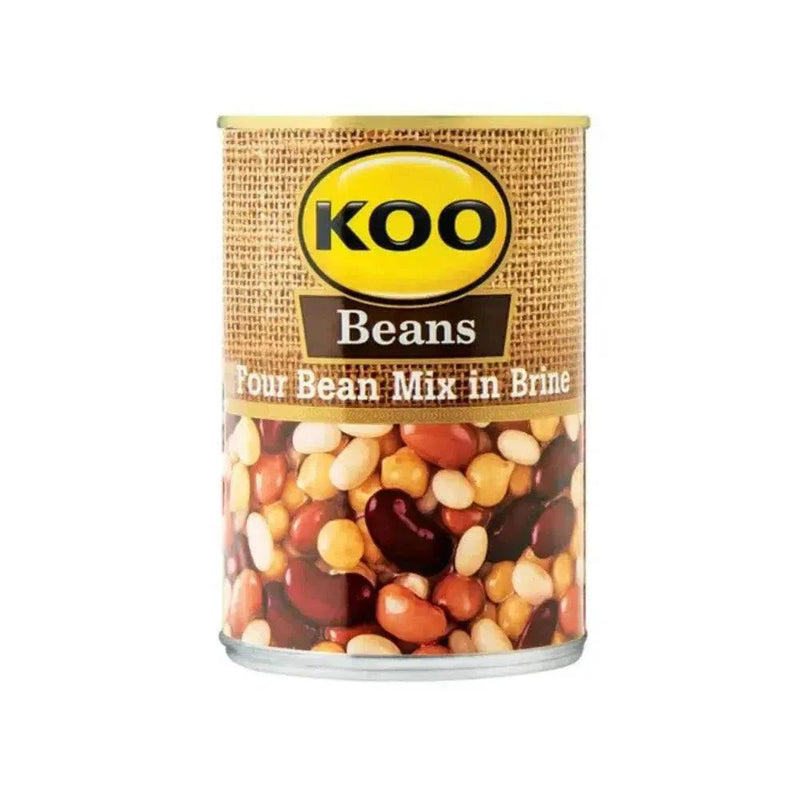 KOO Four Bean Mix 410g can with red kidney beans, sugar beans, white beans, and chickpeas in brine for salads and stews