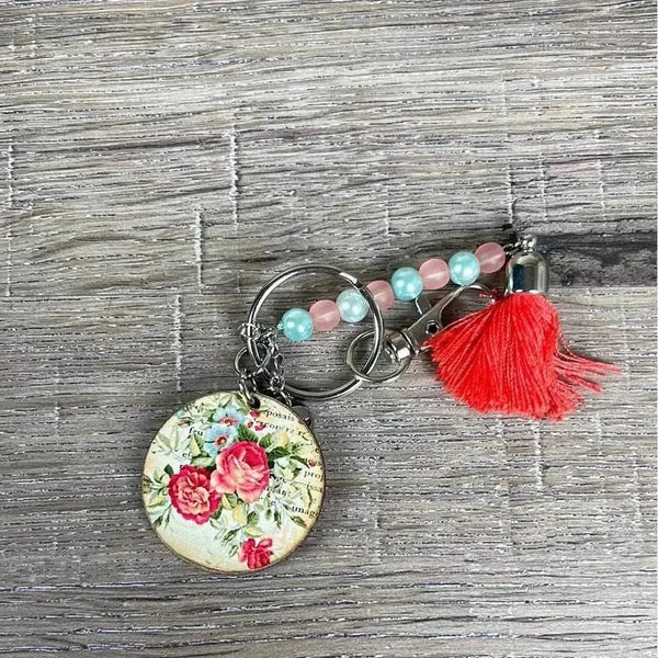 Wooden circle key tag with red roses and red tassel size 50m