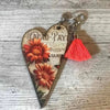 Wooden heart key tag with orange flowers, 100mm size