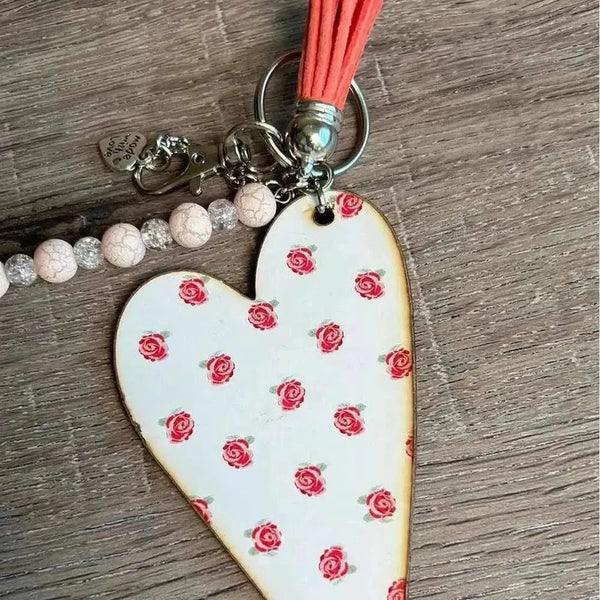 Wooden heart key tag with pink roses laser cut 100mm