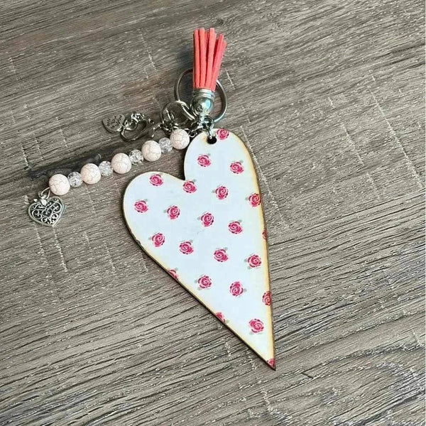 Wooden heart key tag with pink roses laser cut design 100mm