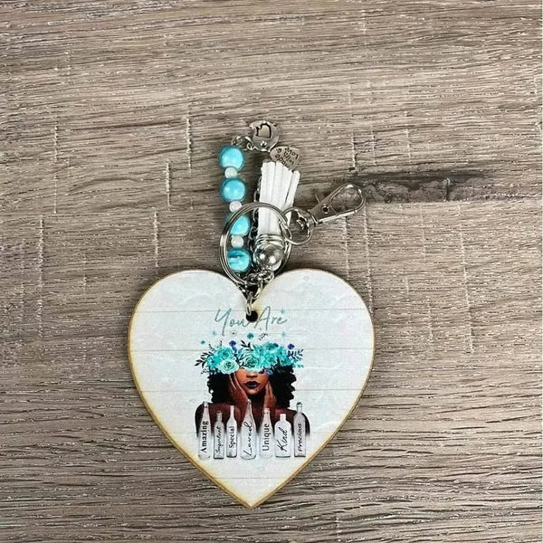 Wooden heart key tag with inspiring words and white tassel, 10cm size