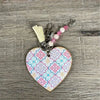 Wooden heart key tag with multicolour patterns and dull yellow tassel, 10cm size