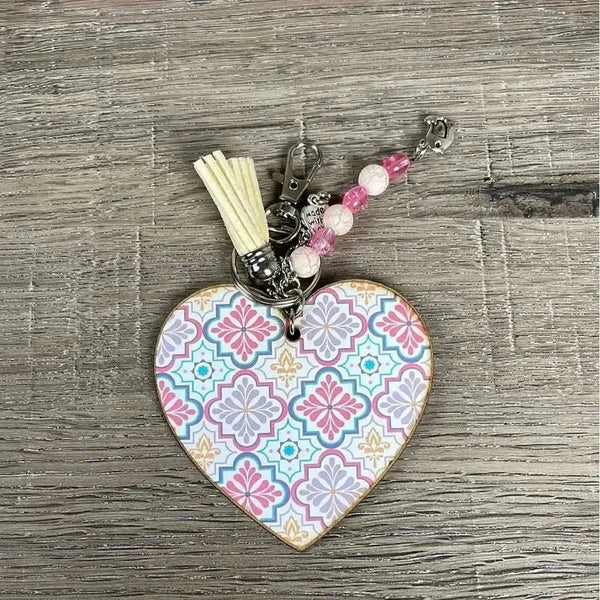 Wooden heart key tag with multicolour patterns and dull yellow tassel, 10cm size