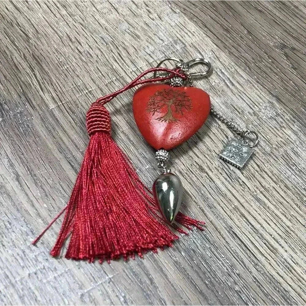 Red heart keyring with Tree of Life design, 50mm size