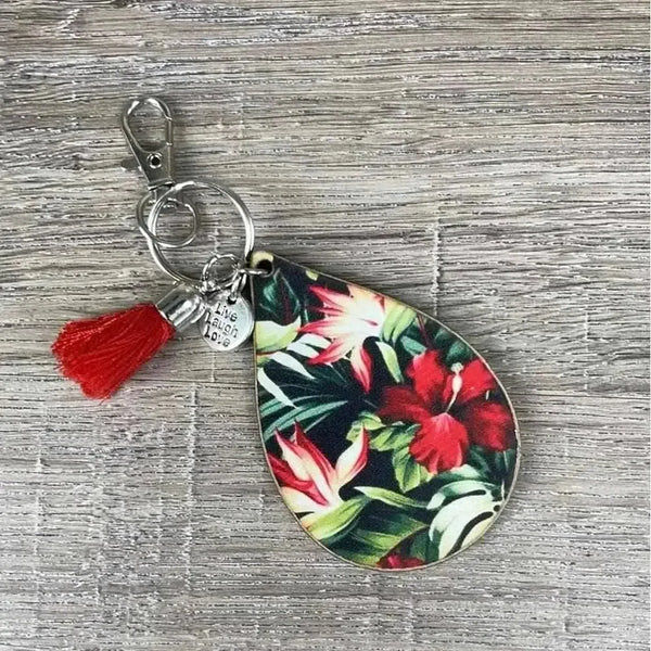 Keyring teardrop shape with red flowers 60mm