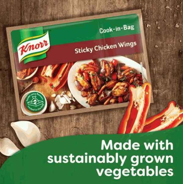 Knorr Cook in Bag Sticky Chicken Wings packaging with sustainably grown vegetables.