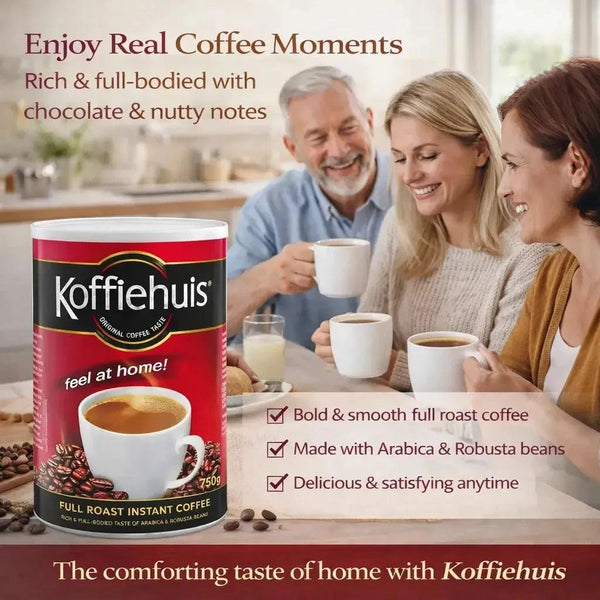 Koffiehuis Full Roast Instant Coffee 750g rich Arabica Robusta blend with bold chocolate nutty flavor