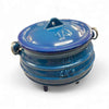 Blue LK enamel 3-legged cast iron pot with lid, 0.7L capacity, designed for outdoor cooking.