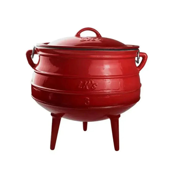 LK Three Legged Potjie Pot 7.8L red enamel cast iron with lid and handle for fire, gas, oven, and induction cooktops