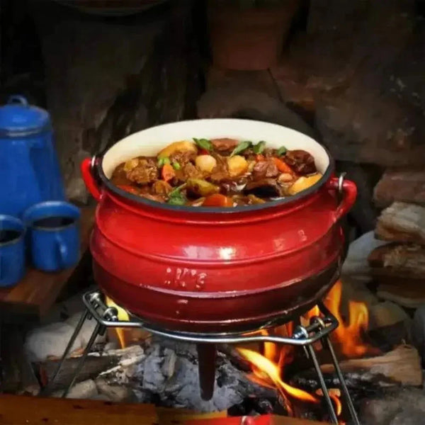 LK Three Legged Potjie Pot 7.8L red enamel cast iron with lid and handle for fire, gas, oven, and induction cooking