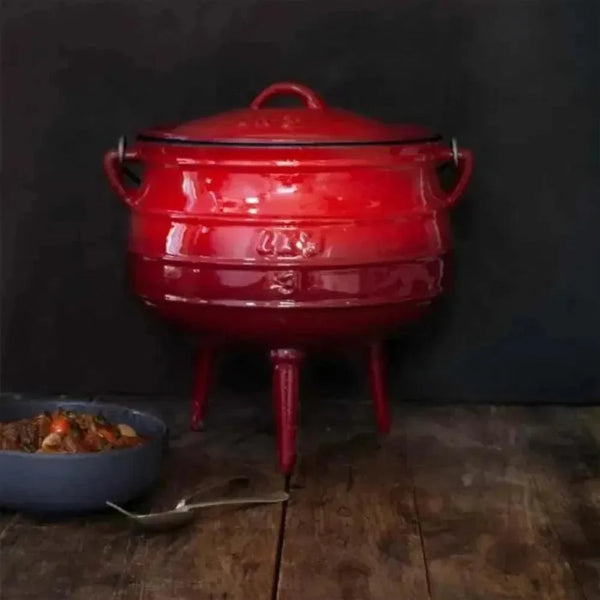 LK Three Legged Potjie Pot 7.8L red enamel cast iron with lid and handle for fire, gas, oven, and induction cooktops