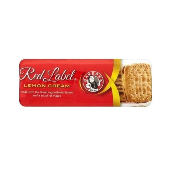 Bakers Red Label Lemon Creams biscuits 200g packaging with lemon cream filling.